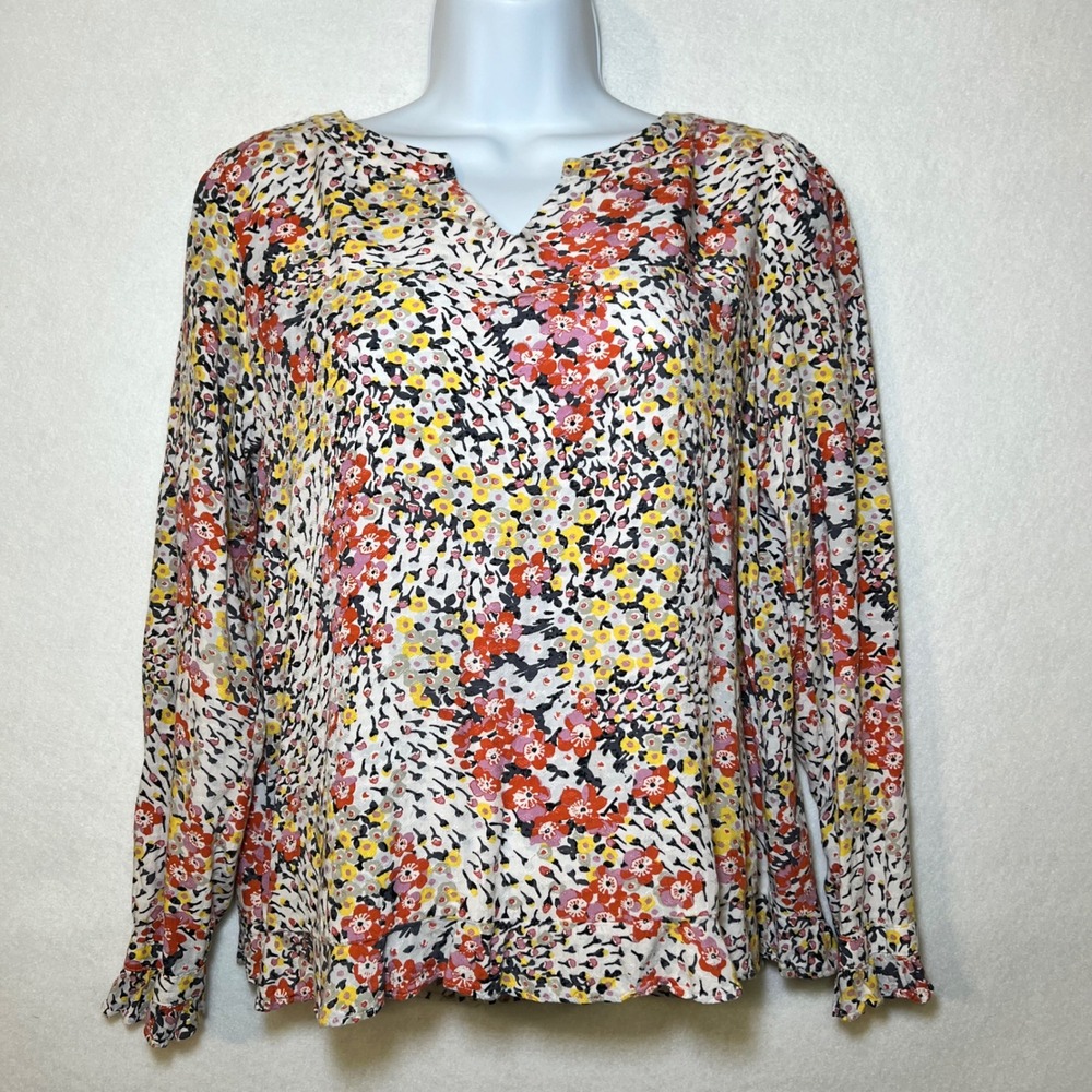 Loft Petites Floral V-Neck Romantic Prairie Cottage Peasant Ruffle Cuff Top SP